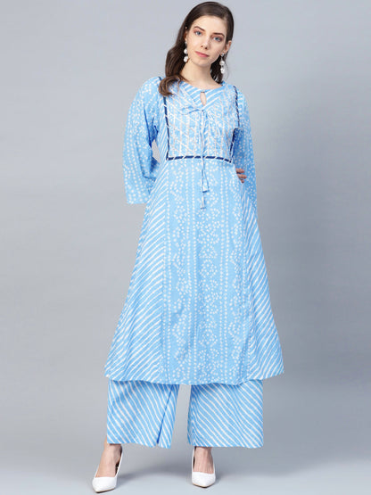 Women's Blue And White Bandhani Print Kurta With Palazzos
