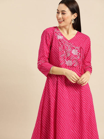 Women's Pink & White Leheriya Printed Angrakha Kurta With Embroidery