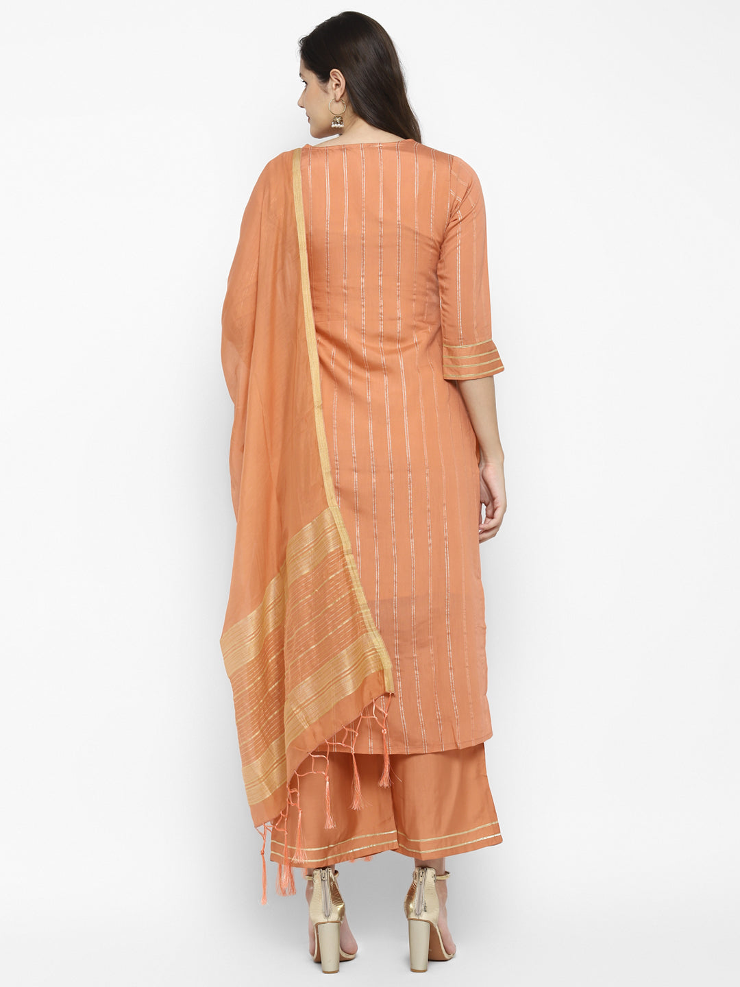 Women's Peach Color Chanderi Silk Embroidered Straight Kurta Palazzo With Dupatta