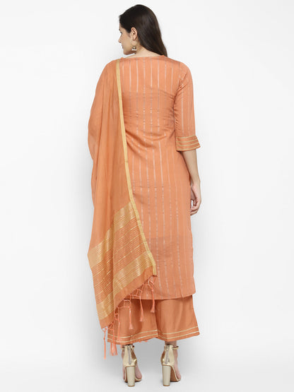 Women's Peach Color Chanderi Silk Embroidered Straight Kurta Palazzo With Dupatta