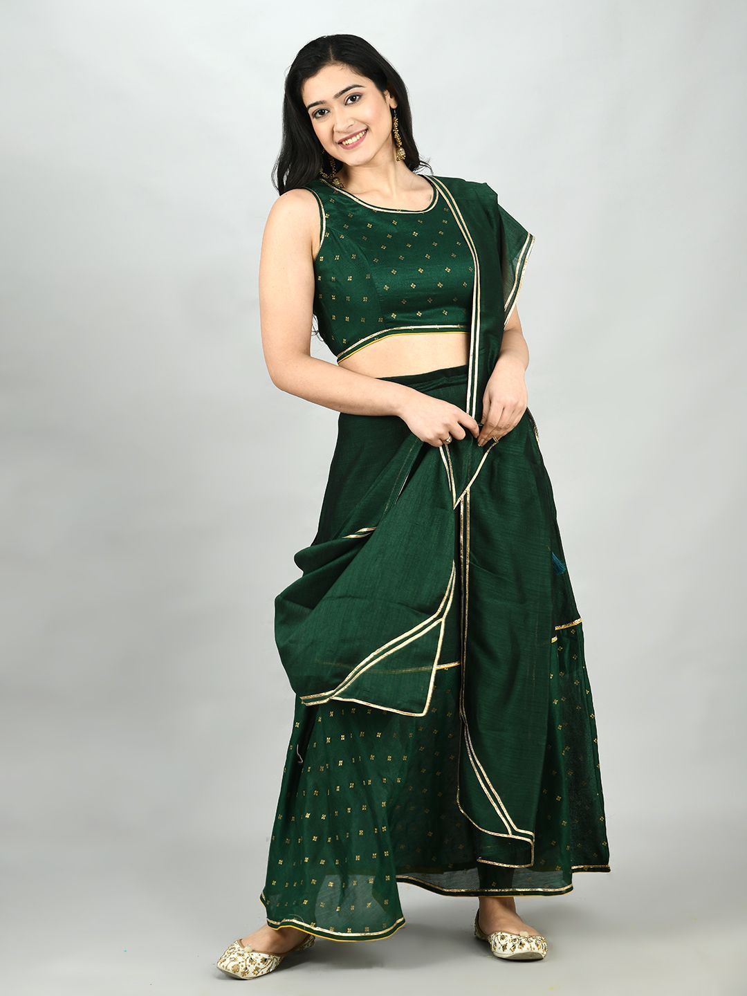 Green Georgette Printed Sleeveless Round Neck Casual Blouse Lehenga Dupatta Set