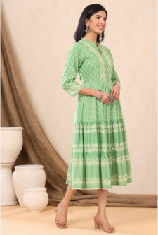Women's Green Rayon Printed Tiered Dress