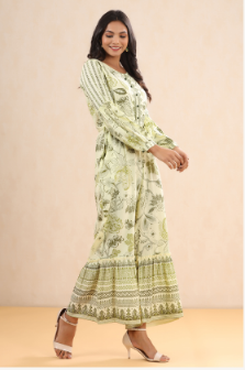 Women's Light Olive Rayon Printed Ethnic Jumpsuit with Belt