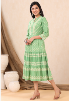 Women's Green Rayon Printed Tiered Dress