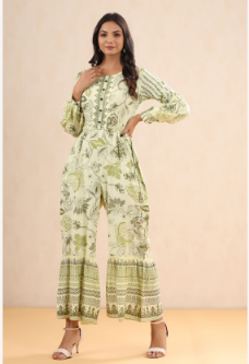 Women's Light Olive Rayon Printed Ethnic Jumpsuit with Belt