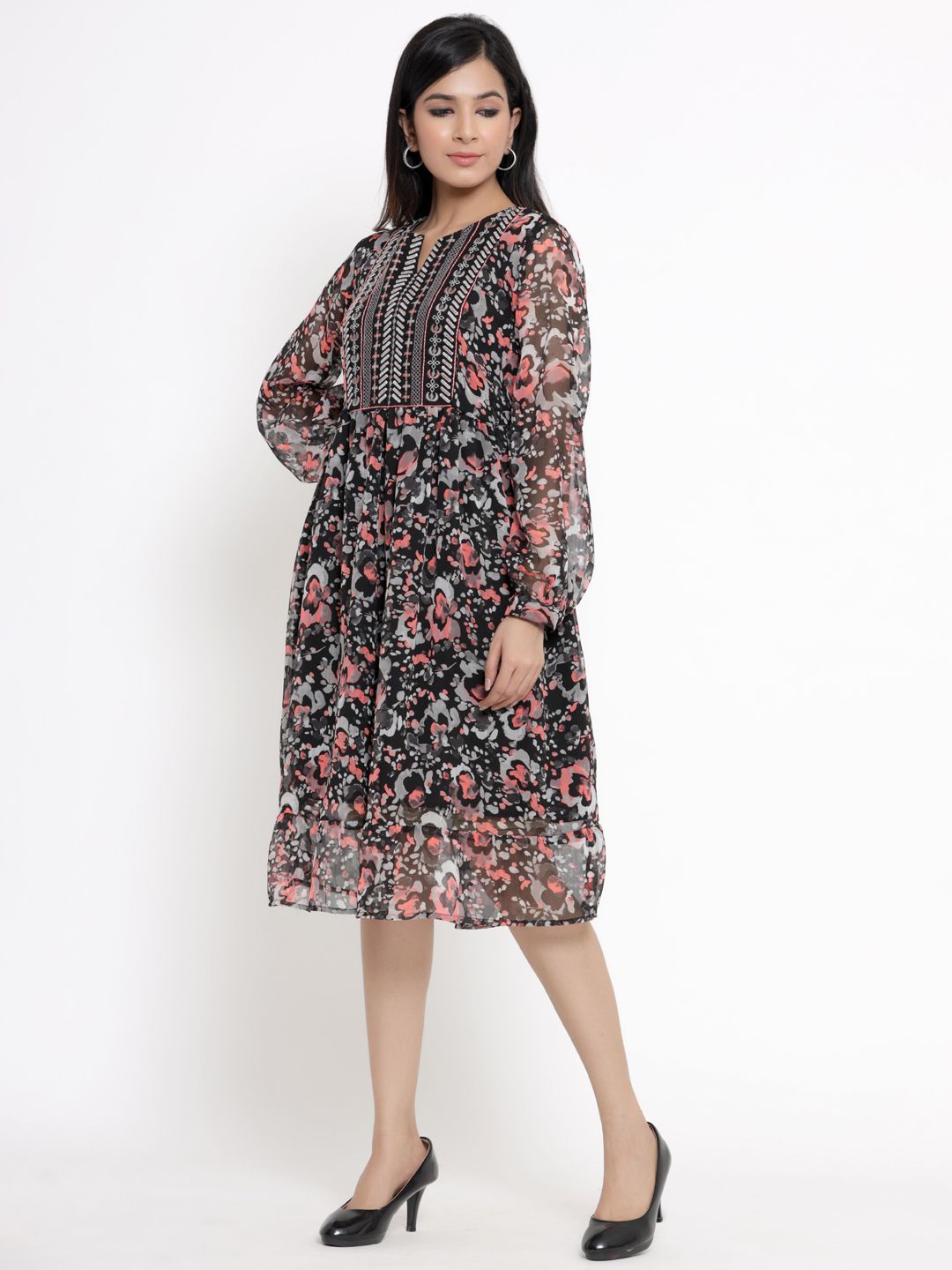 Women's Black Chiffon Printed Flared Dress