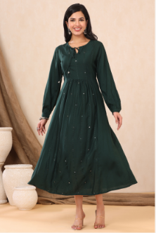 Women's Jadegreen Rayon Embroidered A-Line Dress