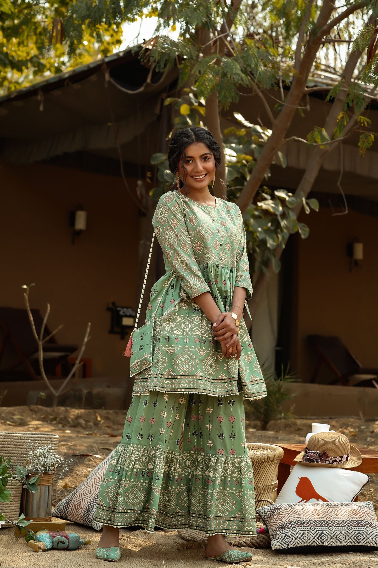 Women's Pistagreen Cambric Mexican Print Flared Tunic Sharara Set