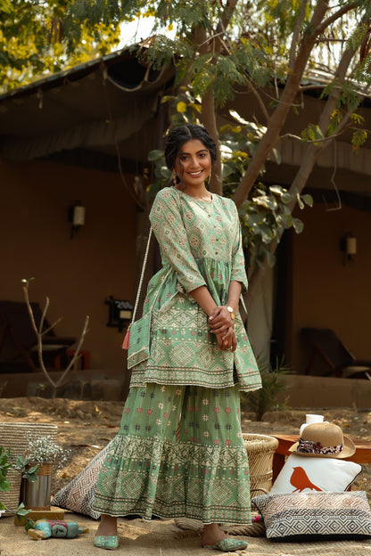 Women's Pistagreen Cambric Mexican Print Flared Tunic Sharara Set