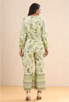Women's Light Olive Rayon Printed Ethnic Jumpsuit with Belt