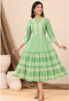 Women's Green Rayon Printed Tiered Dress