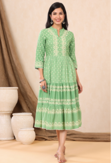 Women's Green Rayon Printed Tiered Dress