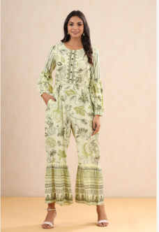 Women's Light Olive Rayon Printed Ethnic Jumpsuit with Belt