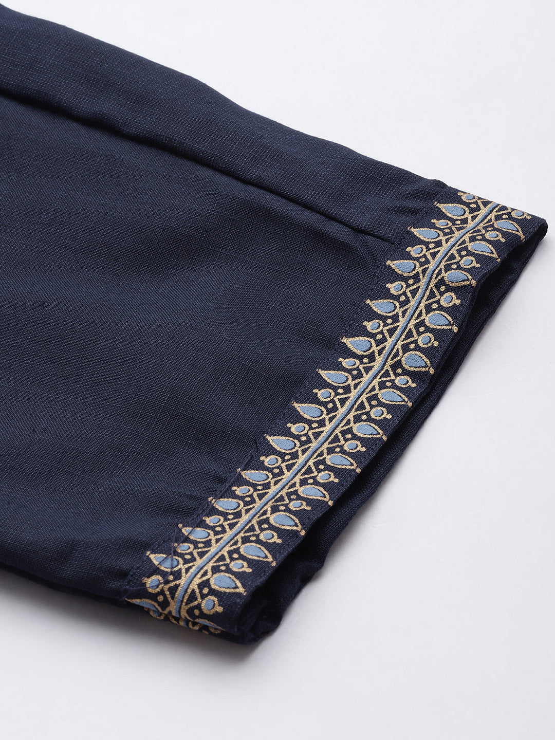 Women's Navy Cotton Blend Panelled Printed Straight Kurta Trouser Set With Dupatta