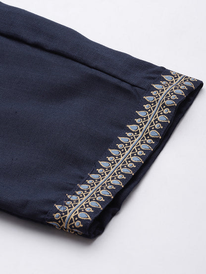 Women's Navy Cotton Blend Panelled Printed Straight Kurta Trouser Set With Dupatta