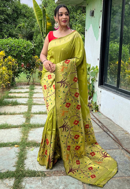 Women's Lime Green Paithani Big Border Saree