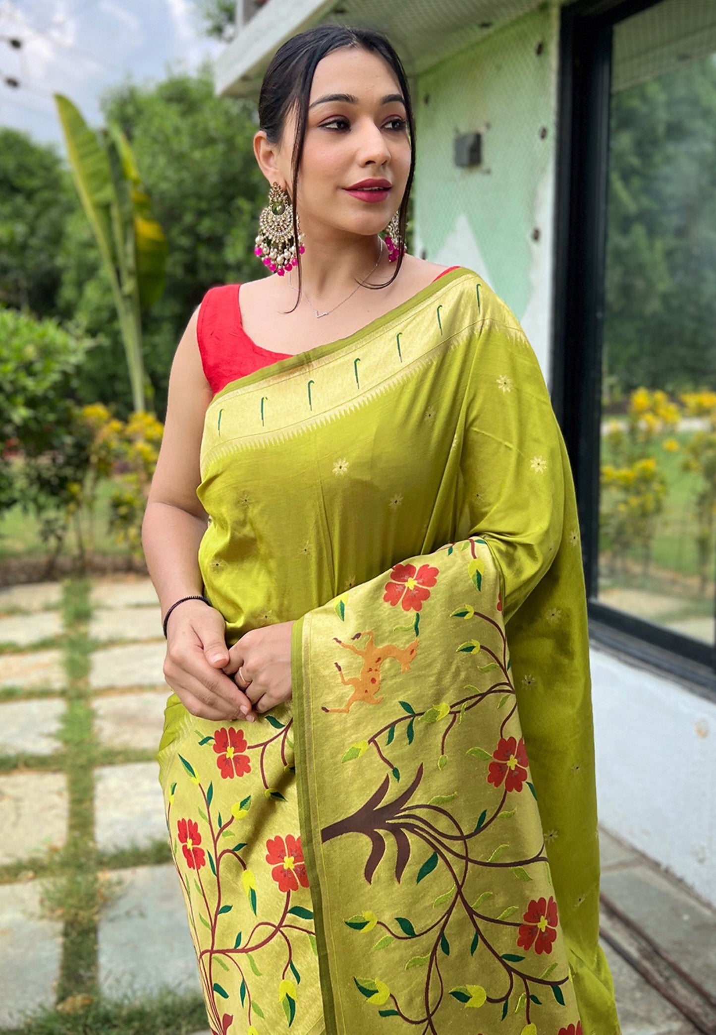 Women's Lime Green Paithani Big Border Saree