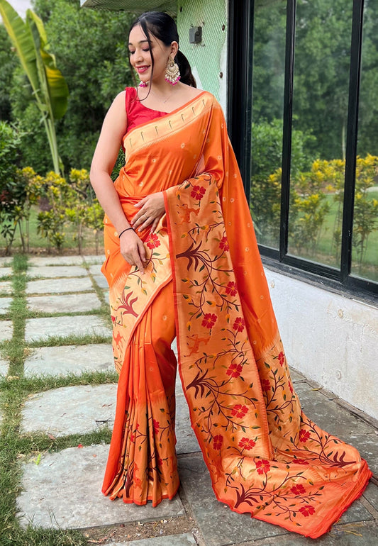 Women's Orange Paithani Big Border Saree