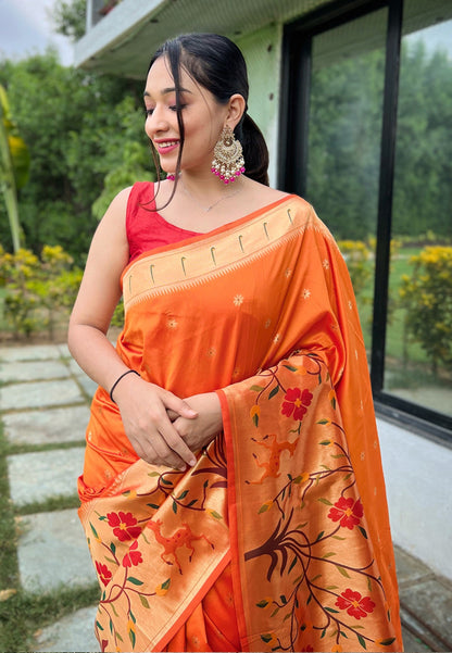 Women's Orange Paithani Big Border Saree