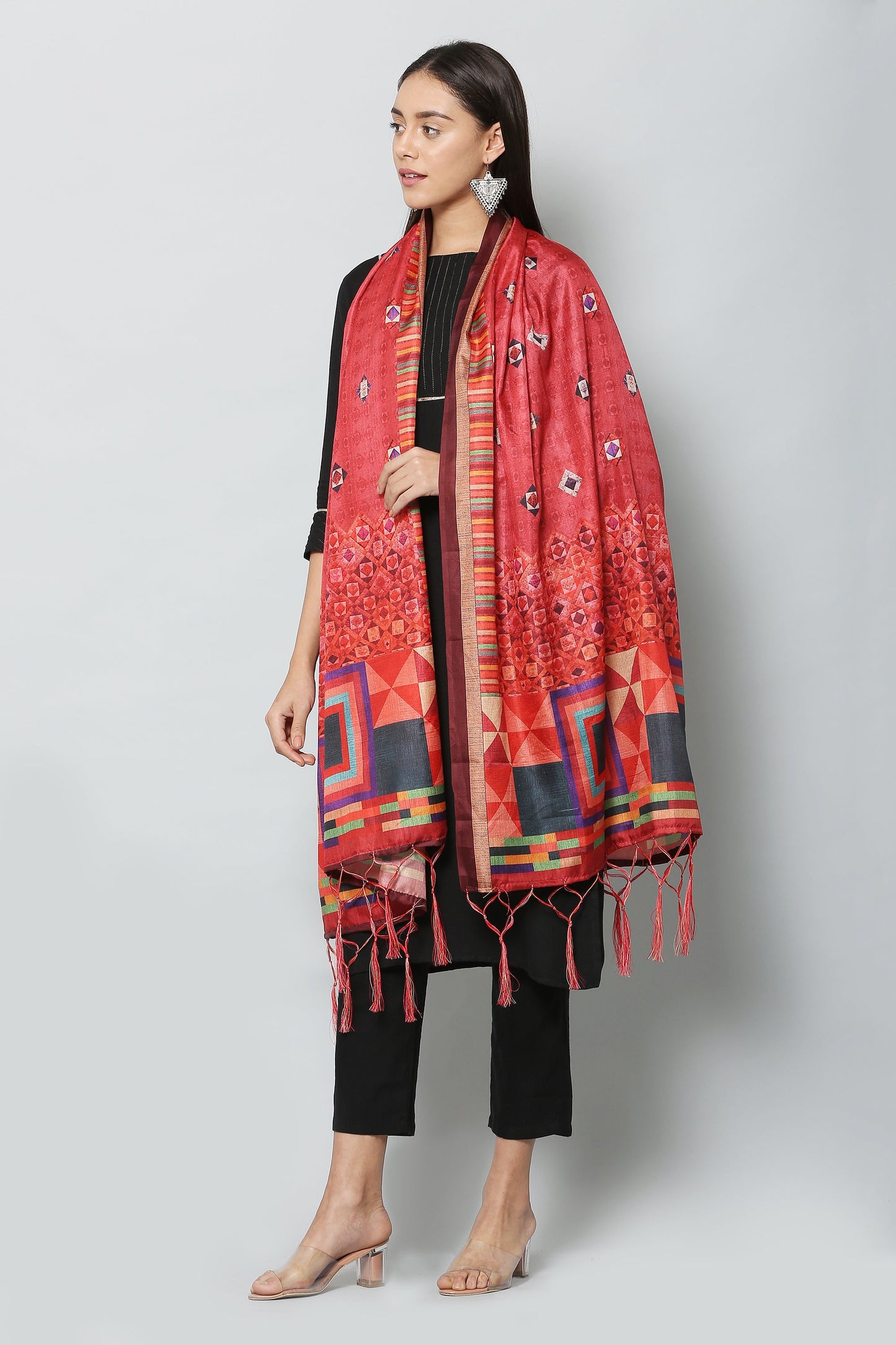 Women's Red Color Art Silk Digital Printed Dupatta