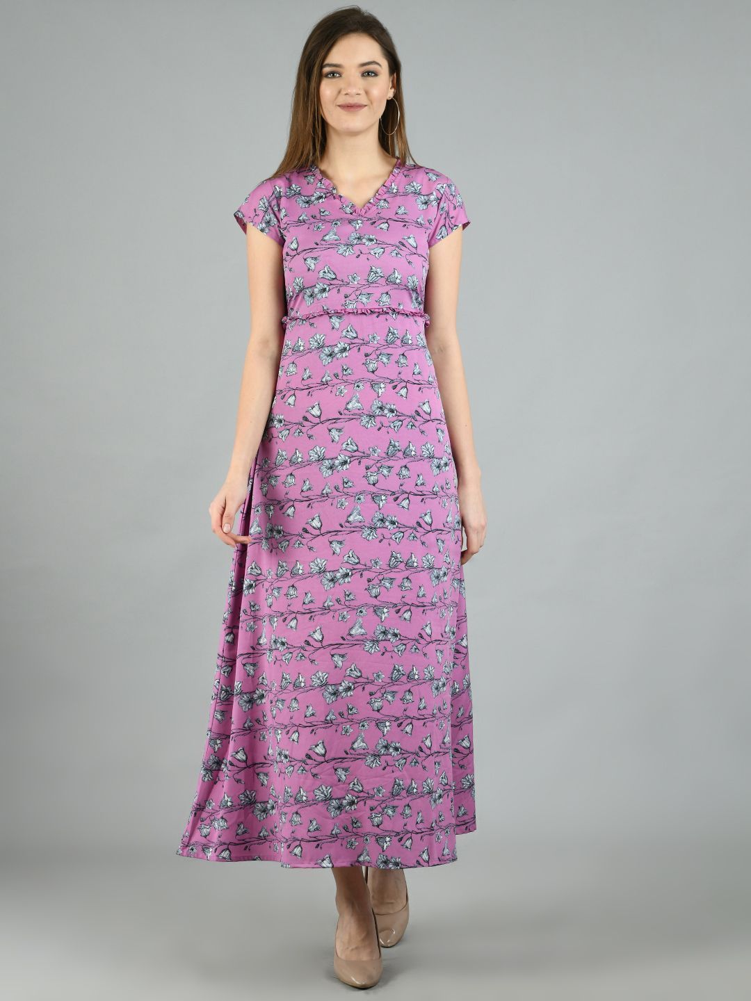 Women's Purple Polyester Printed Short Sleeve V Neck Casual Dress