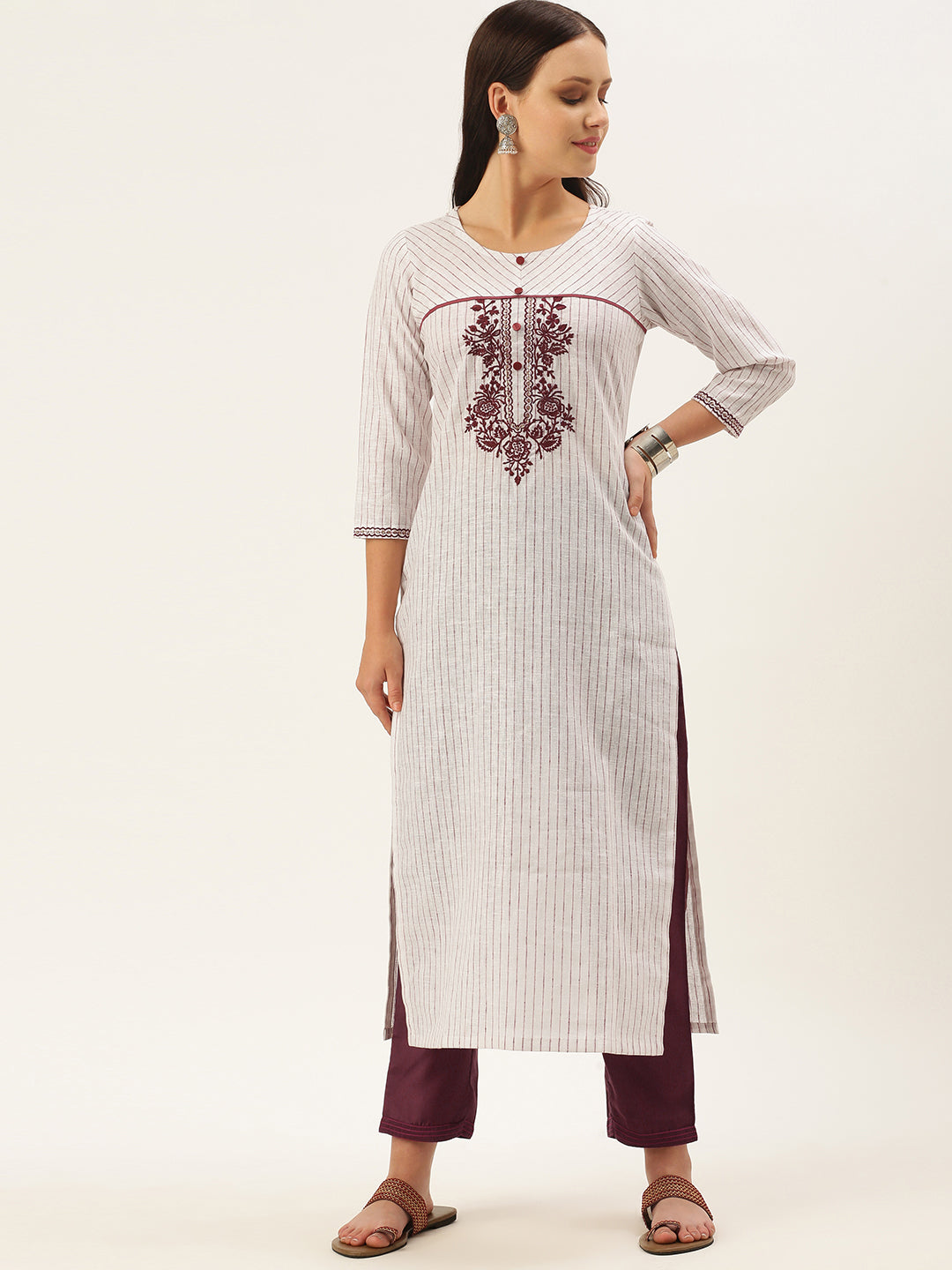 Women's White Color Cotton Blend Checked Striped Embroidered Kurta Pant Set