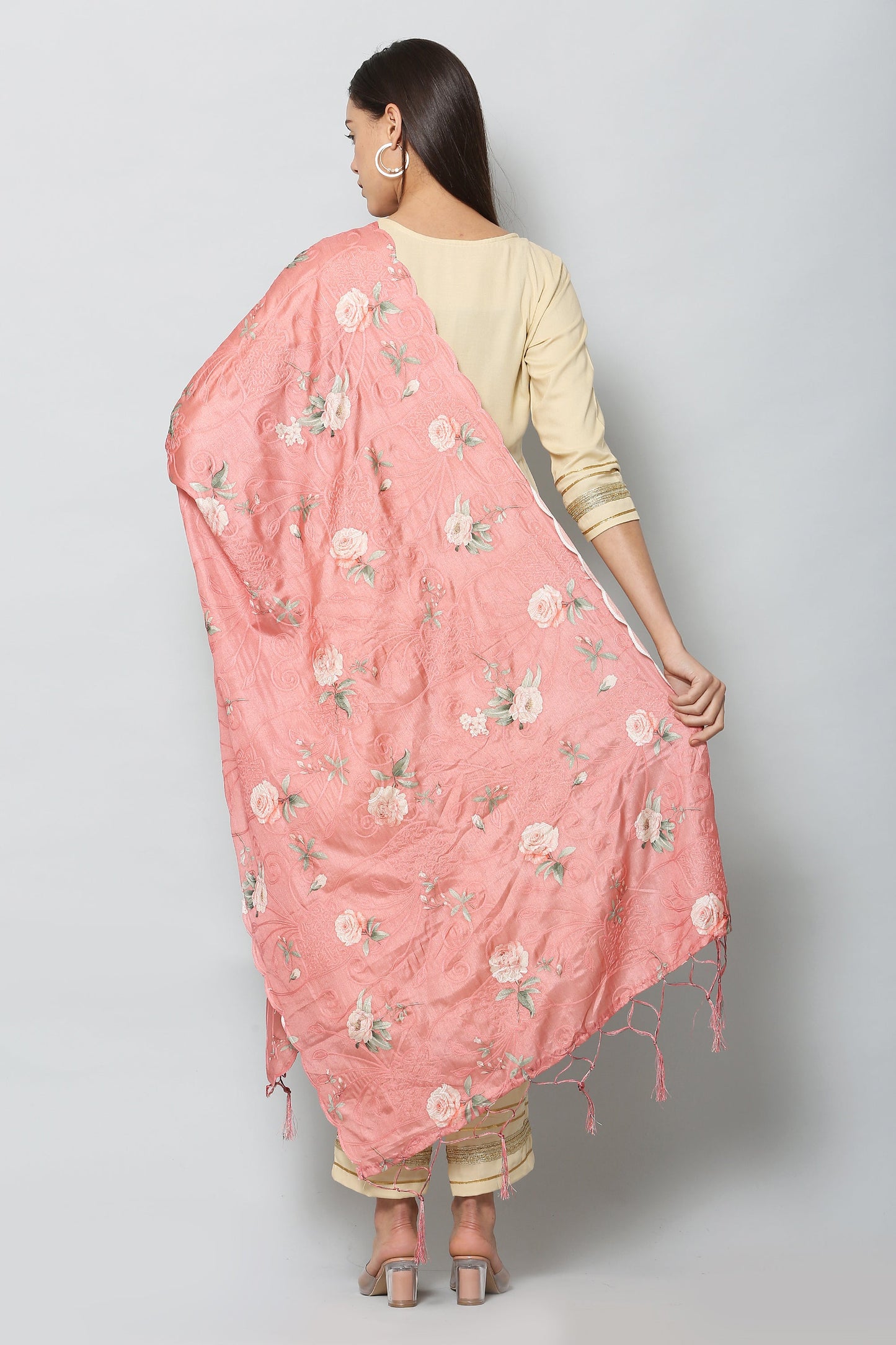 Women's Onion Color Art Silk Embroidery and Digital Printed Dupatta