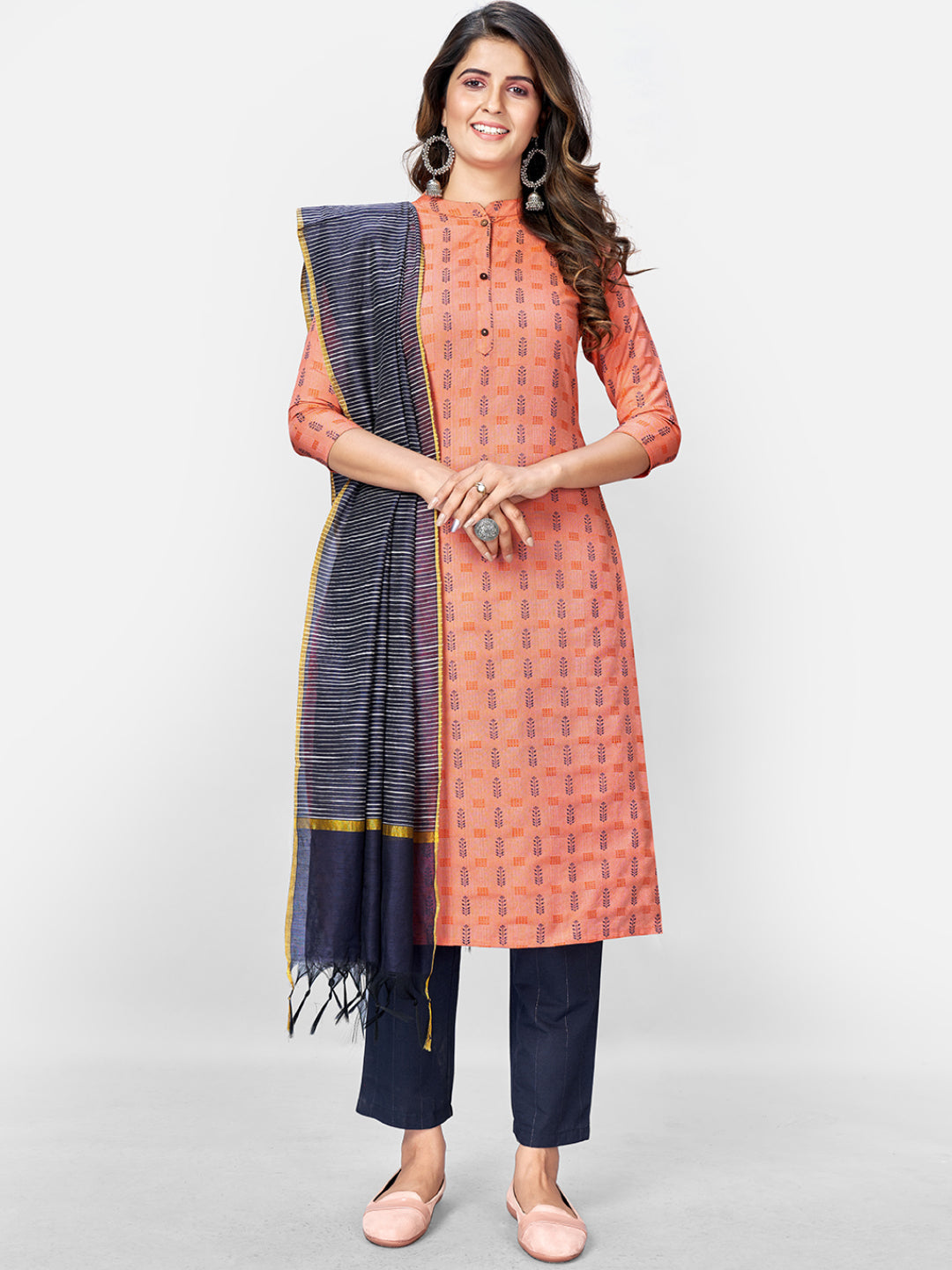 Women's Printed Straight Cotton Peach Kurta Pant With Dupatta (3Pcs Set)