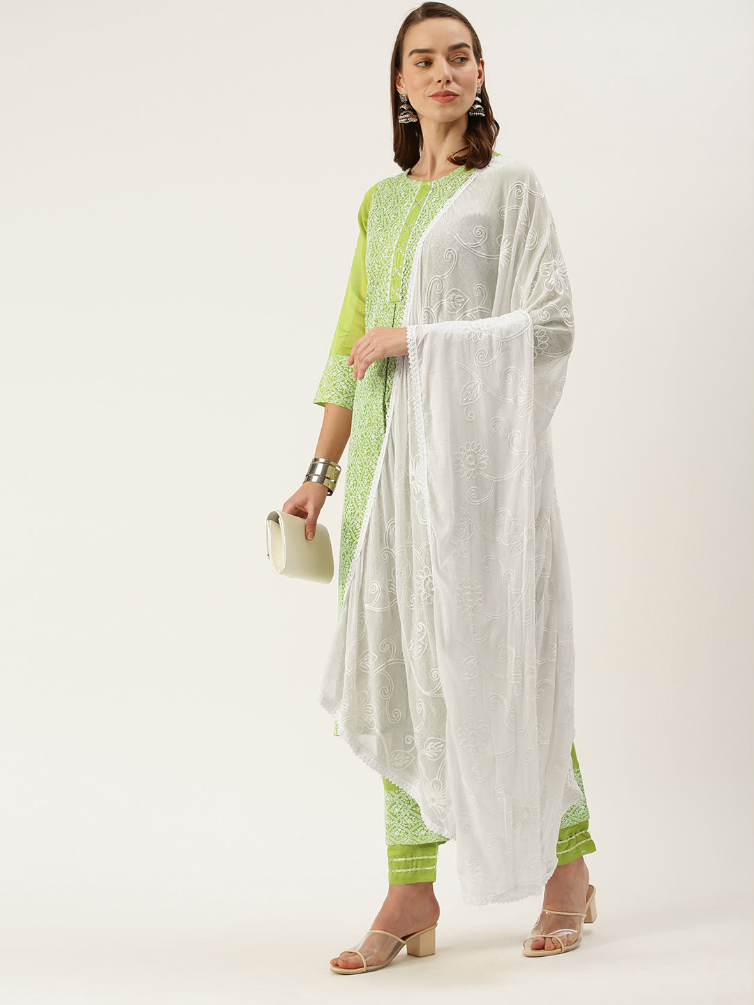 Women's Green Color Chanderi Silk Straight Embroidered Kurta Pant With Dupatta