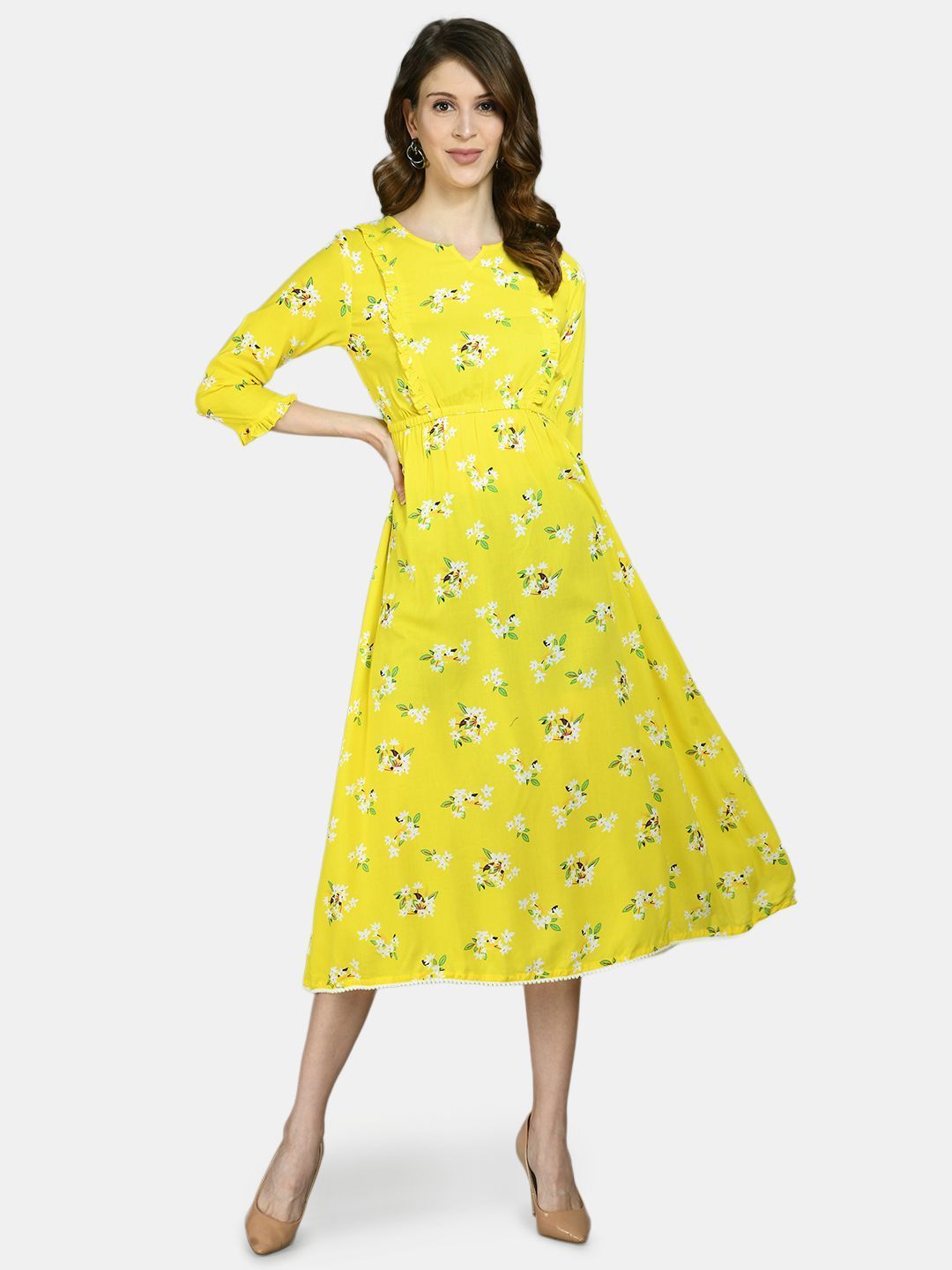 Women Yellow Printed Dress by Myshka (