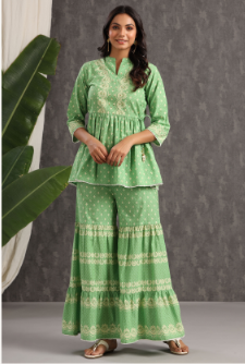 Women's Green Cambric Printed Peplum Tunic Palazzo Set