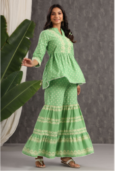 Women's Green Cambric Printed Peplum Tunic Palazzo Set