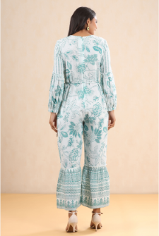 Women's Teal Rayon Printed Ethnic Jumpsuit with Belt