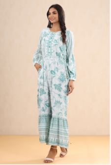 Women's Teal Rayon Printed Ethnic Jumpsuit with Belt