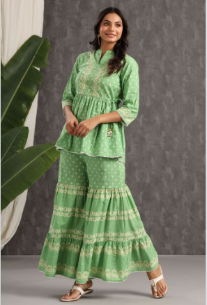 Women's Green Cambric Printed Peplum Tunic Palazzo Set