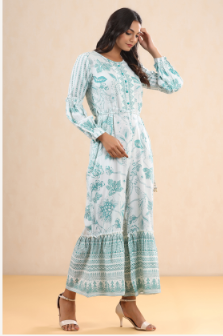 Women's Teal Rayon Printed Ethnic Jumpsuit with Belt