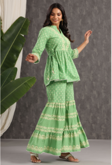 Women's Green Cambric Printed Peplum Tunic Palazzo Set