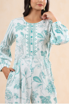 Women's Teal Rayon Printed Ethnic Jumpsuit with Belt
