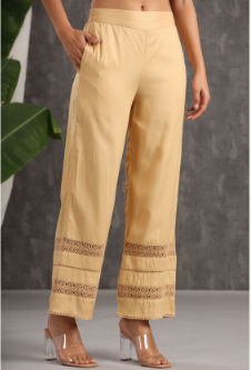 Women's Gold Rayon Solid Flared Palazzo with Lacework