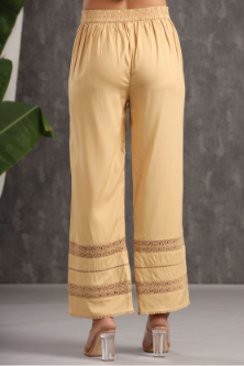 Women's Gold Rayon Solid Flared Palazzo with Lacework