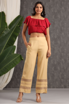Women's Gold Rayon Solid Flared Palazzo with Lacework