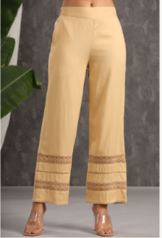 Women's Gold Rayon Solid Flared Palazzo with Lacework