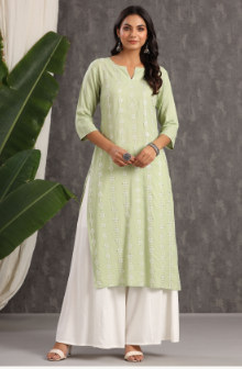 Women's Light Olive Rayon Embroidered Straight Kurta