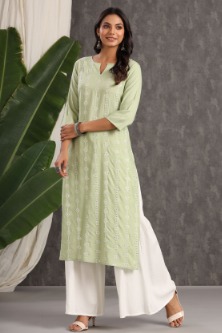 Women's Light Olive Rayon Embroidered Straight Kurta