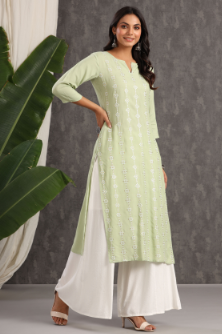 Women's Light Olive Rayon Embroidered Straight Kurta