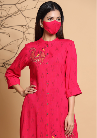 Rayon Slub Ikat Print A-Line Kurta With Mask