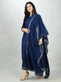 Women's Navy Blue Georgette Printed 3/4 Sleeve Mandarin Neck Casual Kurta Cammy Set