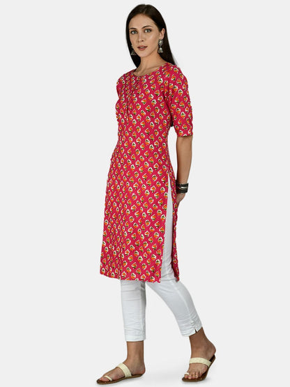 Women's Pink Cotton Printed Half Sleeve Round Neck Casual Kurta