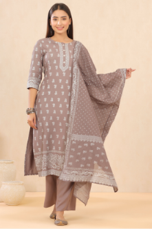 Women's Grey Rayon Printed Straight Kurta Palazzo Dupatta Set