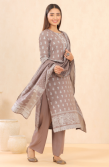 Women's Grey Rayon Printed Straight Kurta Palazzo Dupatta Set